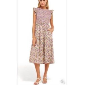 Melloday Yellow Floral Floral‎ Smocked Bodice Midi Dress Women's M